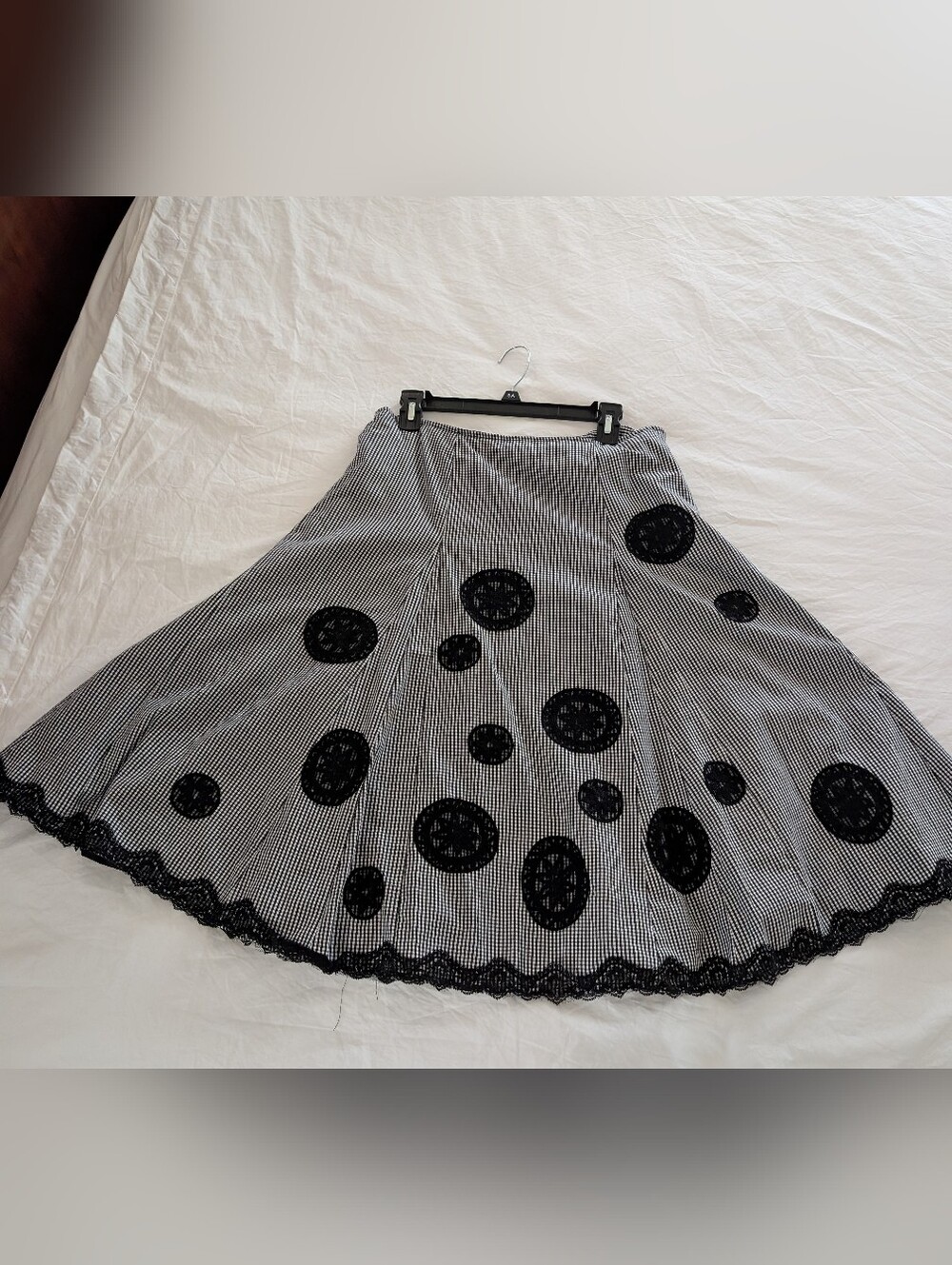 Tweeds Black and White A-Line Skirt with Lace Circle Appliqués